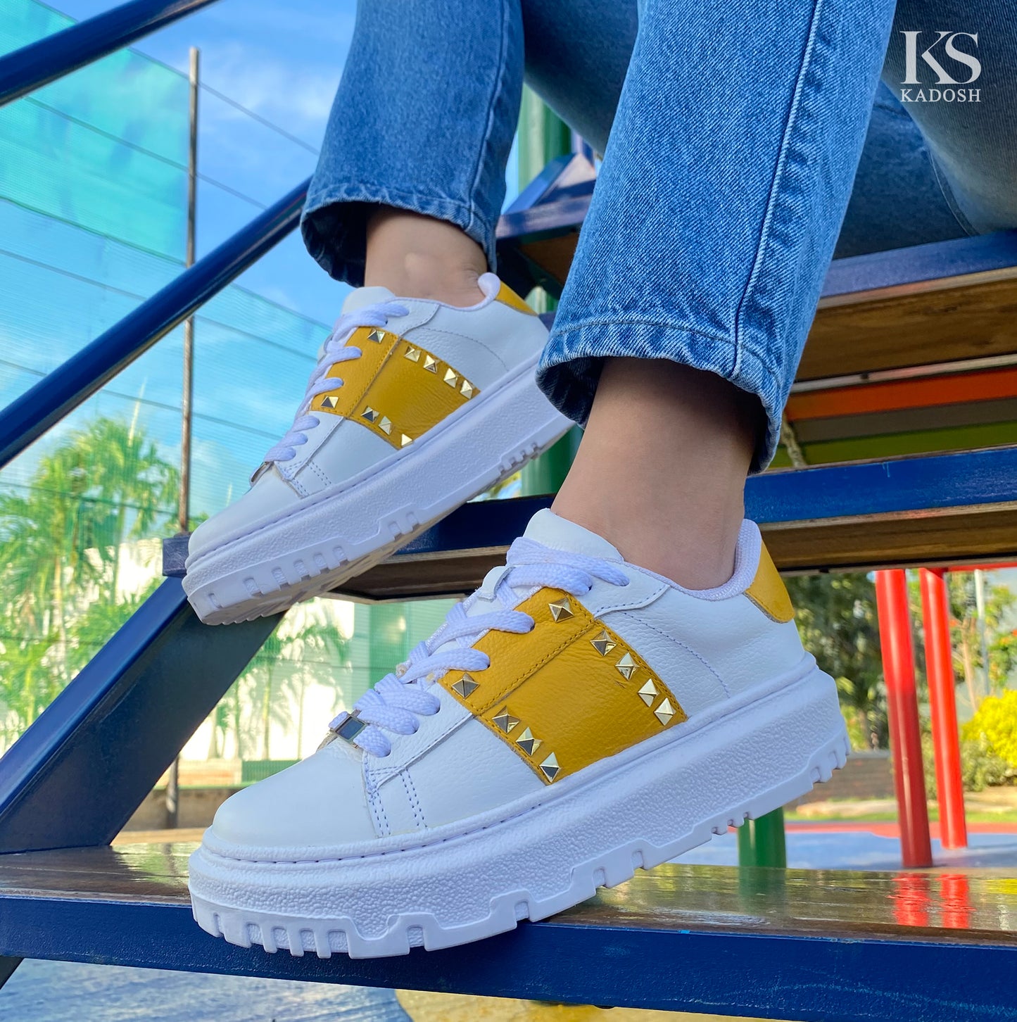 TENIS MUJER CUERO TIFANY BLANCO x AMARILLO