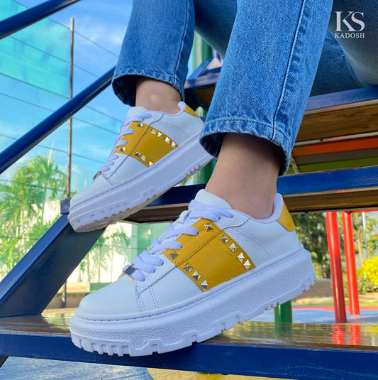 Últimas tallas - TENIS MUJER CUERO TIFANY BLANCO x AMARILLO