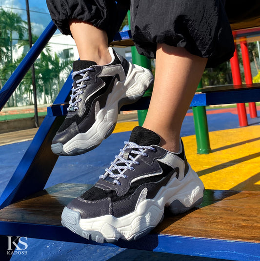 Últimas tallas - TENIS MUJER CUERO AMSTERDAN PLOMO x NEGRO