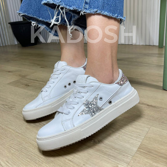 TENIS MUJER STAR PLATA CUERO